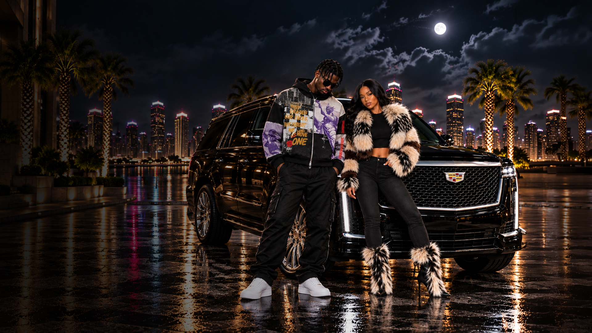 Two models wearing Empire streetwear in front of a luxury SUV at night