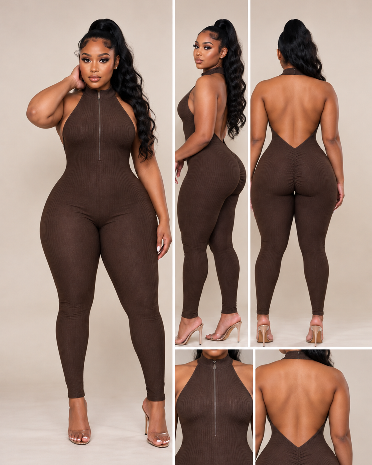 Ribbed High-Neck Zip Jumpsuit